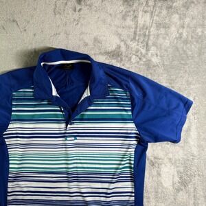 Oakley Golf Polo Shirt Mens Large L Blue Striped Short Sleeve Athletic